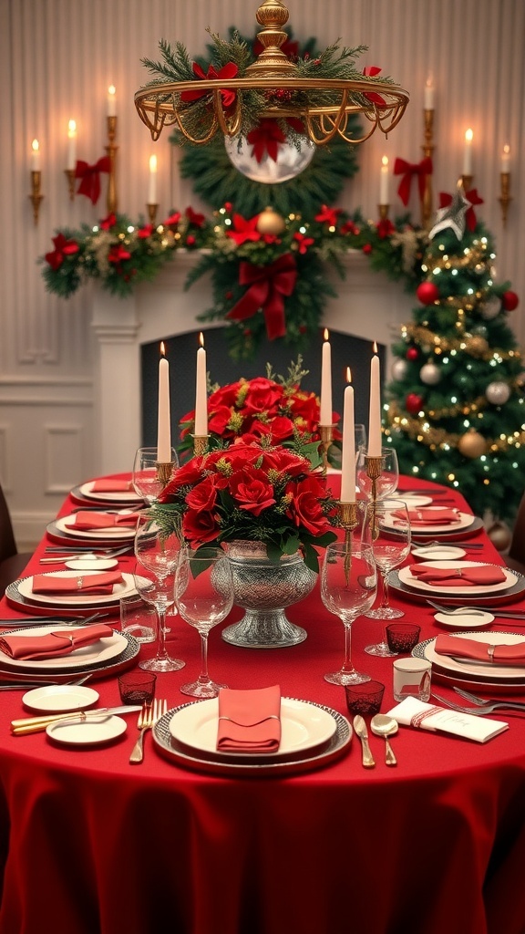 Elegant Christmas table setting with pink and red decor, candles, and floral arrangements.